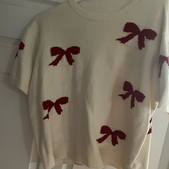 Sweaters - Women's Cream Sweater with Red Bows